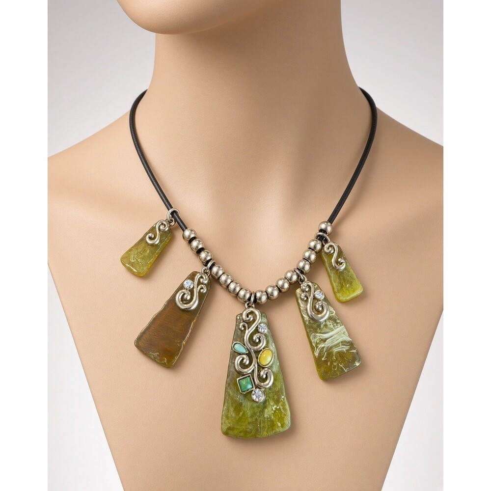 Artisan Fused Glass Statement Necklace Yellow Green Slabs W Swirls Leather Cord